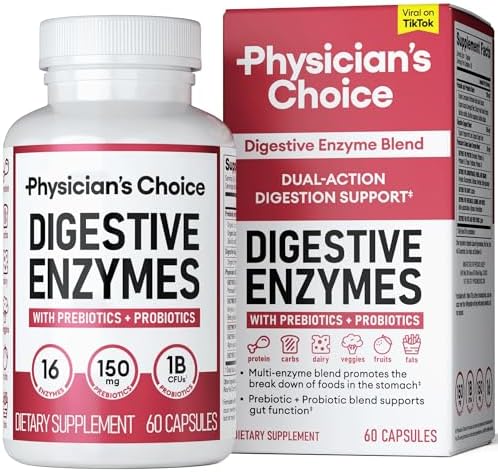 Physician's CHOICE Digestive Enzymes - Multi Enzymes, Organic Prebiotics & Probiotics for Digestive Health & Gut Health - Meal Time Discomfort Relief & Bloating - Dual Action Approach - 60 CT Physician's Choice