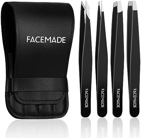 2 Pack Tweezers Set - Professional Stainless Steel Tweezers for Men and Women, Precision Eyebrow Tweezers for Facial Hair, Chin, and Ingrown Hair Removal (Black) FACEMADE