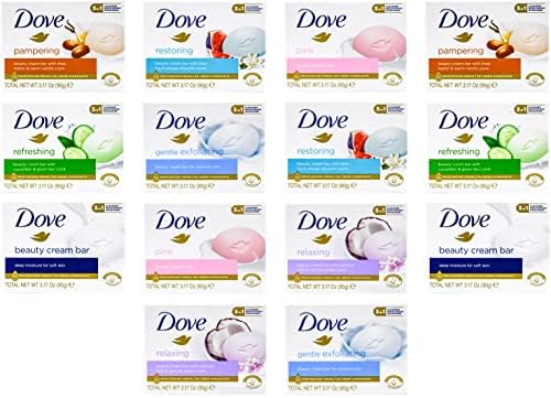 Dove, Beauty Bar Soap Variety Pack of 14, Go Fresh, Shea Butter, Coconut Milk, White, Pampering, Restoring, Exfoliating - 90g (7 Scents, 2 of Each) Dove