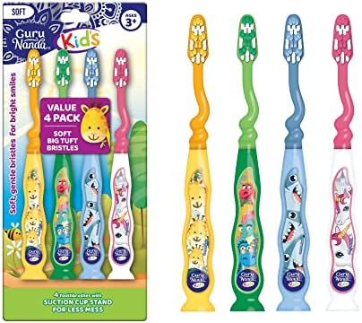 GuruNanda Butter On Gums Kids Toothbrush - 4 Pack Extra Soft Bristles Toothbrush for Kids, Multi-Colored & Fun to Use for Beginner Cleaning - Ergonomic Grip Handle - BPA & Cruelty-Free (Age 3+) GuruNanda