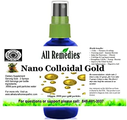 Nano Colloidal Gold All Remedies Brain Boost True Pure Nano Colloidal Liquid Gold Bottle 240ppm .999 True Gold Kosher Colloidal Gold for Adults Men Women Kids Spray, 2oz All Remedies