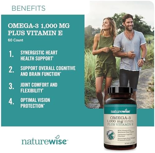 NatureWise Extra-Strength Omega 3 Fish Oil Supplement - 1000mg per Serving (Порция) - 600 EPA & 400 DHA and Vitamin E - Support for Heart & Brain Health - Lemon Flavor, GMO-Free - 60 Softgels (Мягкие капсулы)[1-Month Supply] NatureWise