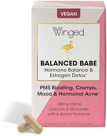 Winged Wellness Balanced Babe | Hormone Balance & Estrogen Detox for Women | PMS Bloating, Cramps, Mood Swings & Hormonal Acne | 100mg DIM, 100mg Calcium D-Glucarate & 6 Added Nutrients | 60ct Winged Wellness