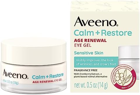 Aveeno Calm + Restore Age Renewal Anti-Aging Eye Gel, Under Eye Cream with Nourishing Oat & Cranberry Extract Visibly Improves the Look of Wrinkles & Crow's Feet, Fragrance Free, 0.5 oz Aveeno