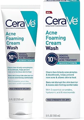 CeraVe Acne Foaming Cream Wash | Gentle Face and Body Acne Cleanser with Benzoyl Peroxide 10%, Hyaluronic Acid, and Niacinamide | Acne Treatment Clears Pimples, Blackheads, Chest and Back Acne | 5 Oz CeraVe