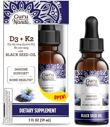 GuruNanda Black Seed Oil, Cold-Pressed Nigella Sativa - Rich in Vitamin D3 5000 Units, K2 & E, High Thymoquinone | Potent Antioxidant for Immune Support, Non-GMO, 2 Fl.oz GuruNanda