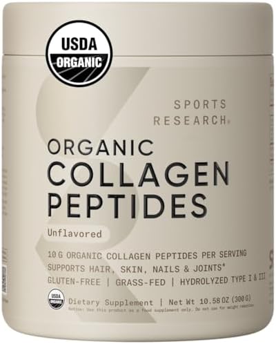 Sports Research® Organic Collagen Powder (Порошок) - Hydrolyzed Type I & III Collagen Protein - USDA Organic, Gluten Free, Sustainably Sourced - Dark Chocolate - 30 Servings (Порции) Sports Research