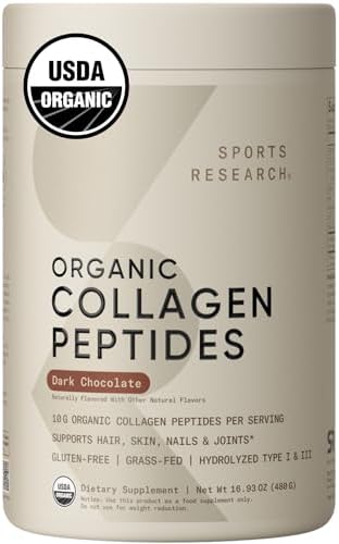 Sports Research­® Organic Collagen Peptides - Hydrolyzed Type I & III Collagen Protein Powder (Порошок) Made Sustainably from Grass-Fed Cows - Unflavored (Без вкуса) - 30 Servings (Порции) Sports Research