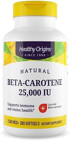Бета-каротин 25,000 МЕ (7,500 мкг), натуральная поддержка иммунитета и зрения, 180 капсул Healthy Origins