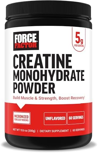 FORCE FACTOR Creatine Monohydrate, Creatine Powder (Порошок) for Muscle Gain, More Strength, and Faster Workout Recovery, Clinically Studied Micronized Creatine 5g Dose Per Serving (Порция), Unflavored (Без вкуса), 60 Servings (Порции) Force Factor