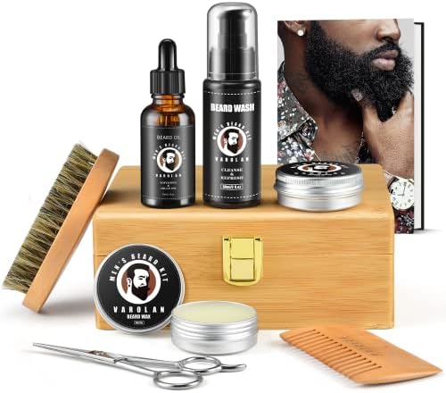 Beard Grooming Kit, Birthday Gifts for Men with Beard Oil, Balm, Brush, Wash, Wax, Comb, Scissors, 1 fl oz (Жидкие унции) Varolan