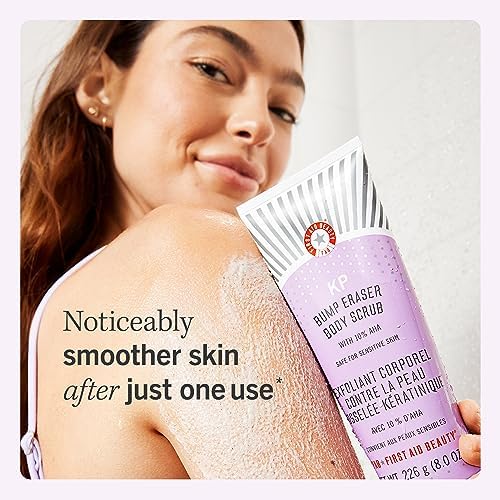 First Aid Beauty KP Bump Eraser Body Scrub Exfoliant for Keratosis Pilaris with 10% AHA – 8 oz + Bonus 1 oz Travel Size Tube First Aid Beauty