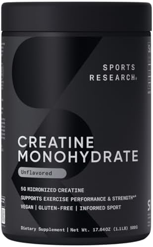 Sports Research Creatine Monohydrate - Gain Lean Muscle, Improve Performance and Strength and Support Workout Recovery - 5 g Micronized Creatine - 10.58 oz (Унции) Sports Research