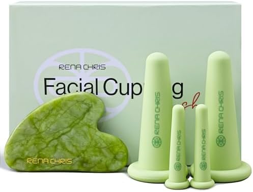 Rena Chris Facial Cupping Set & Gua Sha Facial Tool - Silicone Cupping Set & Jade Gua Sha Stone - Face Cupping Therapy Set for Natural Skin Care, Puffiness, Lip Plumping(Green) Rena Chris