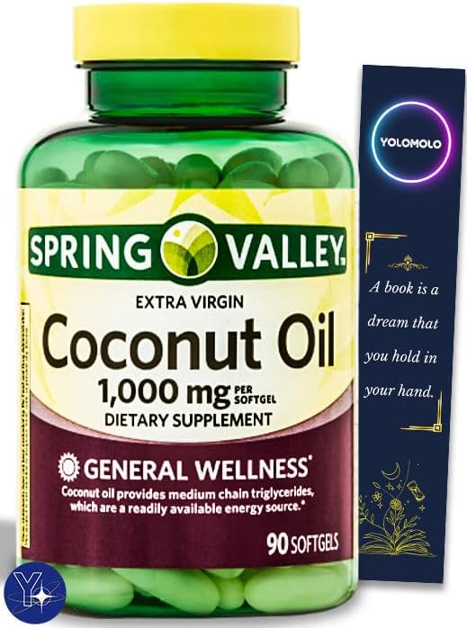 Extra Virgin Coconut Oil General Wellness Spring Valley Dietary Supplement Softgels (Мягкие капсулы), 1,000 mg, 90 Count and Bookmark Gift of YOLOMOLO YOLOMOLO