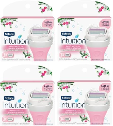 Schick Intuition - Lather & Shave In One Stop - Sweet WaterLily Fresh Floral Scent - Women's Razor Blade Refills - 3 Count Pack of 4 = 12 Cartridges Intuition