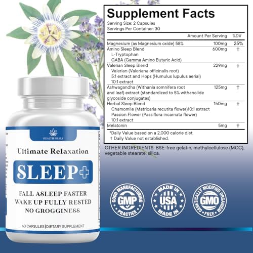 Relaxation Sleep Aid, Natural Non-Habit Forming, Sleep Supplement Developed to Support for Longer & Better Sleep, Chamomile, Magnesium, Melatonin, Ashwagandha, GABA, Drug-Free (60 Count) Health Heals