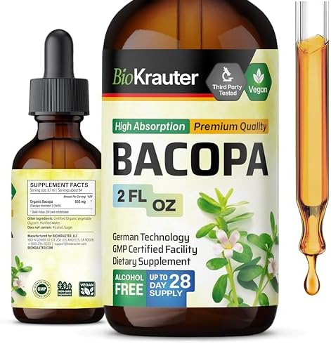 Bacopa Extract - Brain Support Brahmi Supplements - Liquid (Жидкость) Bacopa Supplements - Alcohol & Sugar Free Vegan Bacopa Monnieri Drops (Капли) 2 Fl.Oz. BIO KRAUTER