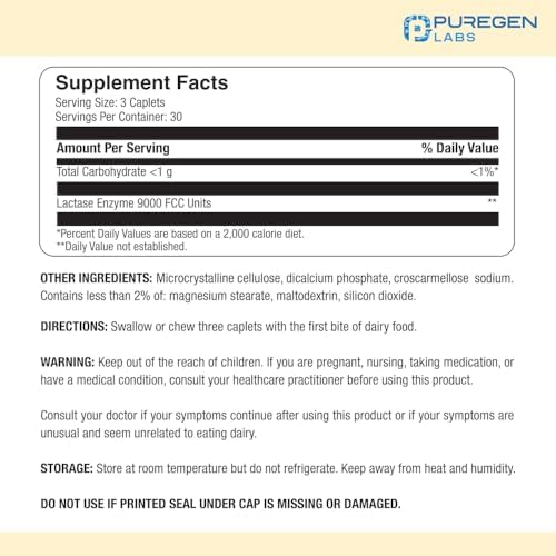 Puregen Labs Dairy Relief Natural Fast Acting Lactase Enzyme 3000 FCC, Lactose Intolerance Pills 90 Caplets P Puregen Labs