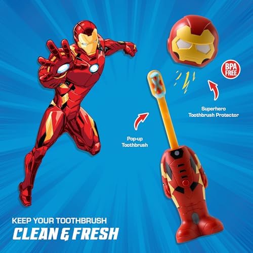 Brush Buddies Marvel Iron Man Toothbrush for Kids, Soft & Rounded Bristles, Poppin' Fun Kids Toothbrush, Ultra Soft Pop-up Toothbrush with Superhero Toothbrush Cover Brush Buddies