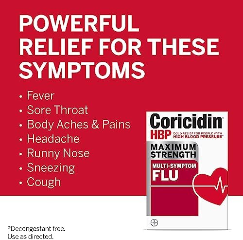 Coricidin HBP, Decongestant-Free Cold Symptom Relief for People with High Blood Pressure, Maximum Strength Multi-Symptom Flu Tablets (Таблетки), 48 Count (2x24ct) Coricidin HBP