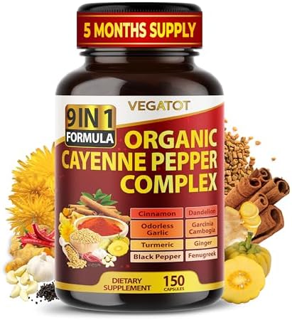 Organic Cayenne Pepper 9IN1 Complex 12,900mg with Cinnamon, Ginger, Turmeric for Overall Health, Immune System, Digestion Wellness (150 Count (Pack of 1)) VEGATOT