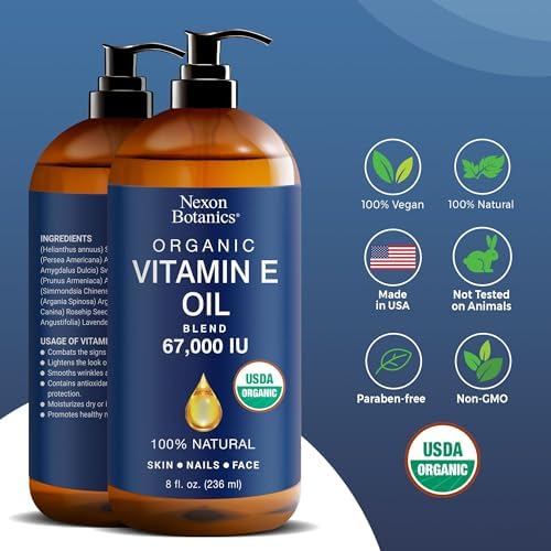 Organic Vitamin E Oil Blend 67000 IU - 8 fl oz - Vitamin E Oil for Skin, Scars, Face - Made from 100% Pure and Natural Oils - Vit E Oil - Aceite de Vitamina E - Nexon Botanics Nexon Botanics