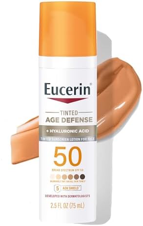 Eucerin Sun Tinted Age Defense SPF 50 Face Sunscreen Lotion, Hypoallergenic, Fragrance Free Tinted Sunscreen SPF 50 with Hyaluronic Acid, 2.5 Fl Oz Bottle Eucerin