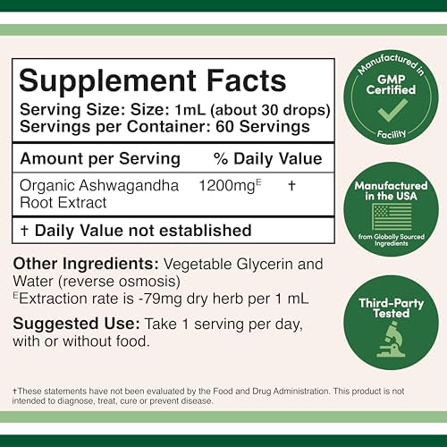 Ashwagandha Organic Drops for Stress Relief (1,200mg, 60 Servings) Ashwagandha Tincture for Adrenal Support and Cortisol Manager (Vegan Safe, Gluten Free, Non-GMO) by Double Wood Double Wood Supplements