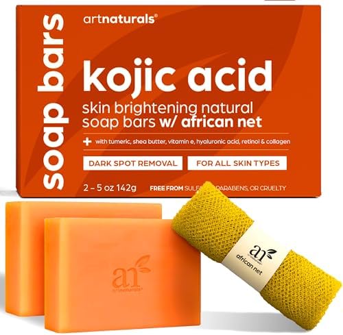 Artnaturals Kojic Acid Soap + African Net Sponge (2 pack X 142g Turmeric bars) Dark spot remover & Scars - Original Japanese Complex Vitamin C, Hyaluronic Acid, retinol, shea butter (Citrus) Artnaturals