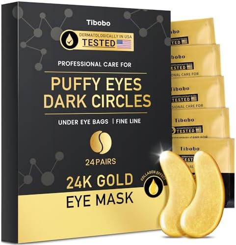 Under Eye Patches (12 Pairs) - 24K Gold Eye Masks Treatment for Eye Bags, Puffy Eyes & Dark Circles - Nourishing Skin Care Product - Birthday Gifts for Women - Vegan & USA Tested Tibobo