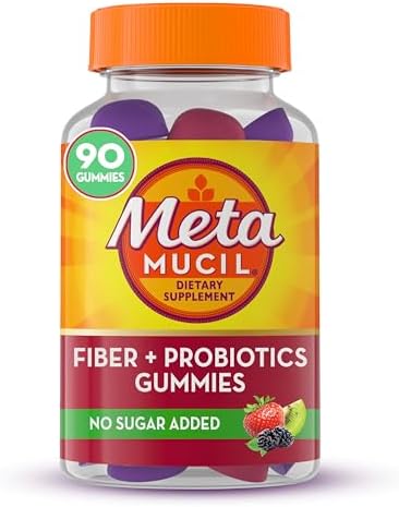 Metamucil Fiber Gummies (Жевательные конфеты) Plus Probiotics for Digestive Health, No Sugar Added, Daily Supplement, Prebiotic Plant-Based Fiber Blend, Strawberry Kiwi BlackBerry Flavored, 90 Gummies Metamucil