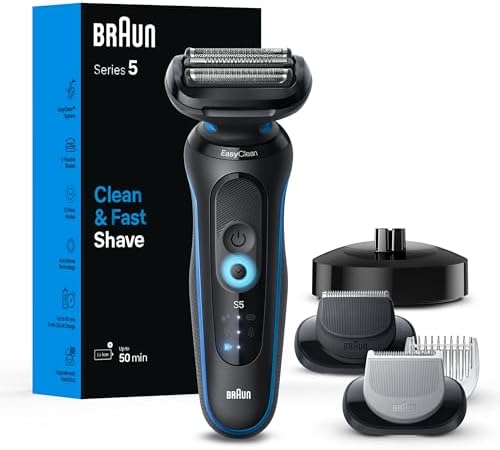 Braun Electric Shaver for Men, Series 5 5150cs, Wet & Dry Shave, Turbo Shaving Mode, Foil Shaver, with Beard Trimmer, Body Groomer and Charging Stand, Blue Braun