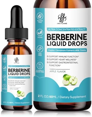 Berberine HCL 1200mg, 6-in-1 Berberine Complex Liquid (Жидкость) drop for Cardiovascular Care & Body Management, Berberine with Ceylon Cinnamon, Antioxidant & Heart Health Support, Apple Flavor, 2 Fl Oz IMATCHME