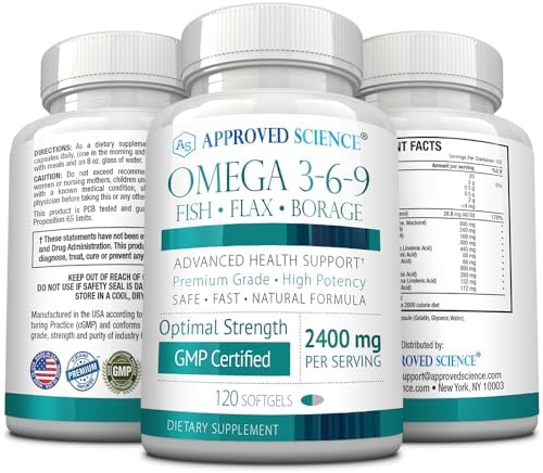 Approved Science Omega 3-6-9-2400mg Daily Blend of Fish, Flaxseed, and Borage Oils with Vitamin E - Wellness Support - Non-GMO, Mercury-Free - 120 Softgels - 2 Month Supply Approved Science