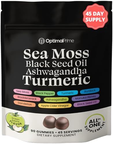 Optimal Prime Sea Moss Gummies, Sea Moss 3000mg, Black Seed 2000mg, Ashwagandha 1000mg, Turmeric, Manuka Honey, ACV, Dandelion, Black Pepper, Burdock, Bladderwrack, Vegan, 90 Gummies Optimal Prime