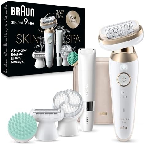 Braun Epilator Silk-épil 9 Flex SkinSpa, Hair Removal Device, 360 Flex and Pivoting Head, Wet and Dry, Includes Shaver Head, Trimmer Comb, Massage Pad, Exfoliation Brush and BodyTrimmer, SES9-481 3D Braun