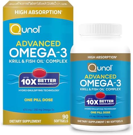 Qunol Advanced Omega 3 Krill and Fish Oil Complex, 10x Better Bioavailability, One Pill Dose, 250mg EPA & DHA, Supports Brain, Eye, Heart and Joint Health, 60 Count Qunol