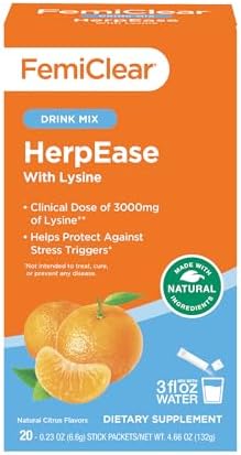 FemiClear HerpEase with L-Lysine 3000mg Dietary Supplement Drink Mix with Zinc 11mg Vitamins A and C 900mg Sensoril Ashwaganda 250mg Stevia Extract 60mg FemiClear