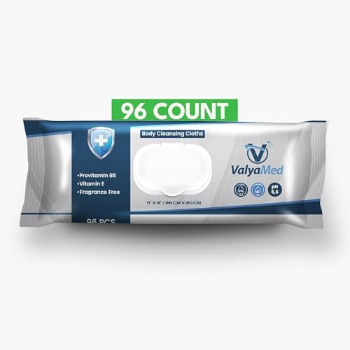 Body Wipes for Adults, XL Body Wipes, Adult Wipes for Elderly, Alcohol-Free Incontinence Wipes, Paraben Free, Fragrance-Free, Vitamin E, Provitamin B5-11'' x 8'' (96 Count) ValyaMed