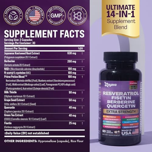 Resveratrol Supplement 12600mg NAD+ 100mg Milk Thistle 900mg Berberine 4000mg Fisetin 500mg Quercetin 800mg NAC 100mg Grape Seed Extract 400mg Green Tea Extract 400mg with Noni Blueberry (60 Caps) Zoyava