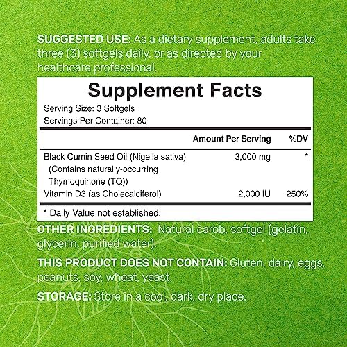 DEAL SUPPLEMENT Black Seed Oil, 240 Softgels – Cold-Pressed Nigella Sativa, Naturally Occurring Thymoquinone (TQ) – Non-GMO, No Gluten – Black Cumin Seed Liquid Capsules with Vitamin D3 DEAL SUPPLEMENT