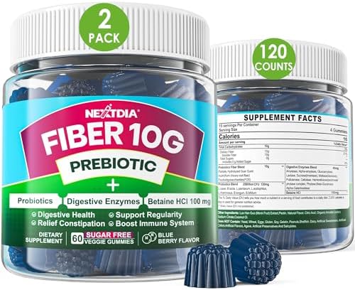 Fiber Gummies (Жевательные конфеты) for Adults, Sugar Free 10g Prebiotic Fiber Supplement with Digestive Enzymes, Probiotics & 100mg Betaine for Digestive & Gut Health and Regulate Bowel Movement, Vegan, Gelatin Free,120ct Nextdia