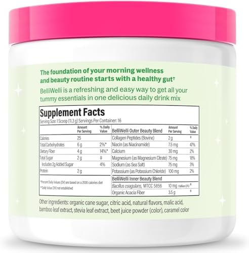 Daily Fiber Supplement Powder (Порошок) with Collagen, Probiotics & Electrolytes | Supports Digestive Health, Gut Balance & Debloating | Watermelon | 16 Servings (Порции) Belli Welli