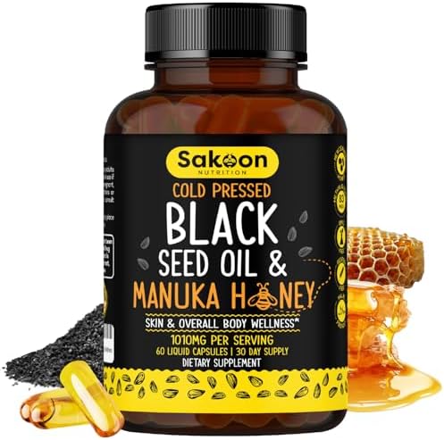 Cold Pressed Black Seed Oil Capsules with Manuka Honey (Halal) | High Potency 2%+ Thymoquinone | 1000mg Nigella Sativa | 60 Count Bottle for Holistic Health Support Sakoon nutrition