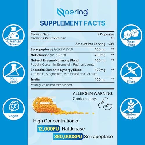 Liposomal Nattokinase 12,000 FU Serrapeptase 360,000 SPU Enzyme Supplement - Enriched with Synergistic Enzymes and Nutrient Blend & Inulin for Circulatory, Gut, Digestion 60 Capsules (Капсулы) (1 Bottle) Naering