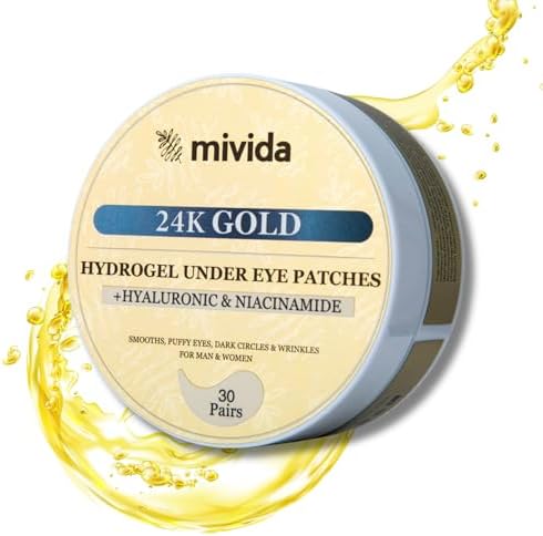 mivida Gold Under Eye Patches with Hyaluronic Acid & Niacinamide | 30 Pairs Biodegradable Under eye masks For dark circles, wrinkles and puffiness | Skin Care for Men & Women Gift, Swag Bag Stuffers Mivida