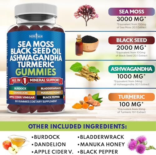 NEW AGE Sea Moss Gummies, Sea Moss 3000mg, Black Seed 2000mg, Ashwagandha 1000mg, Turmeric, Manuka Honey, ACV, Dandelion, Black Pepper, Burdock, Bladderwrack, Vegan - 120 Count NEW AGE