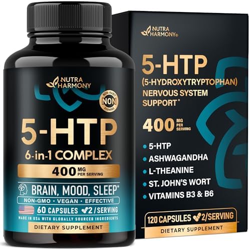 5HTP 400 mg Capsules (Капсулы) - 5-HTP Supplement Tryptophan - Ashwagandha | L-Theanine | St. John's Wort | Vitamins B6 & D3 | 5 HTP - Sleep, Mood & Brain Support - NON-Habit Forming & Drug-Free - 60 Capsules NUTRAHARMONY