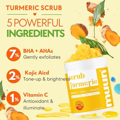 2% Kojic Acid Turmeric Scrub - Vitamin C & AHA/BHA - More Glow & Radian Skin - Dark Armpit Remover Bikini Area Exfoliator & Underarm Detox Scrub - Ingrown Hair Treatment, Smooth & Soften Body Scrub Muun